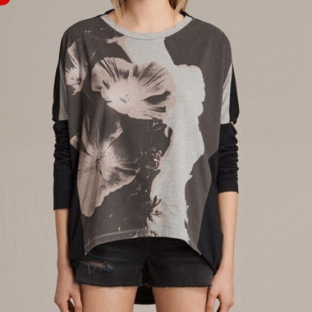 AllSaints Reality Wave High-Low Hem Long Sleeve Tee – Women's XS, Oversized Fit